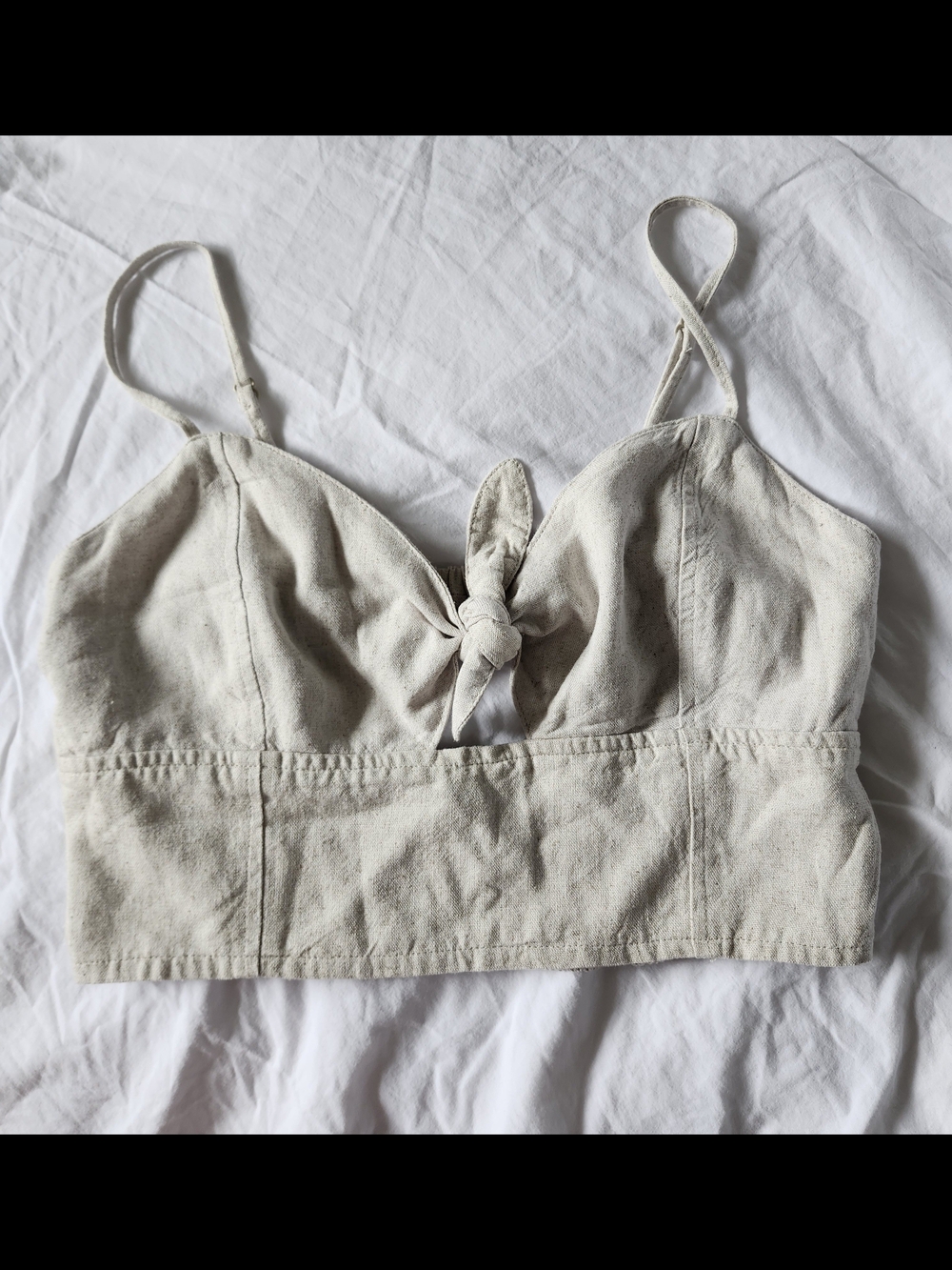 Creme Beige Linen Front Knot Bralette Crop Top